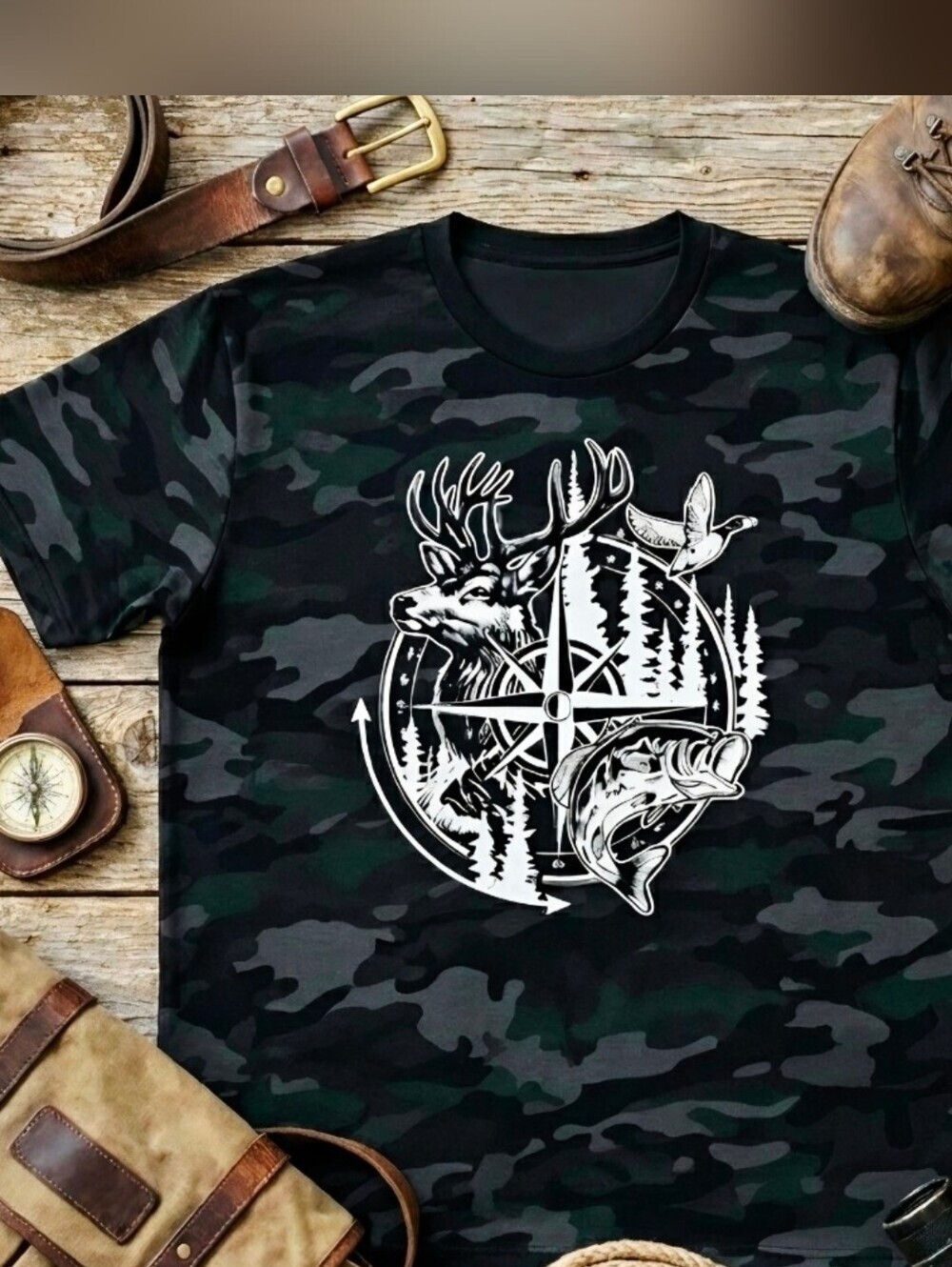 Compass Wildlife Camo Tee | Hunting Fishing Outdoors Shirt | Rustic Nature